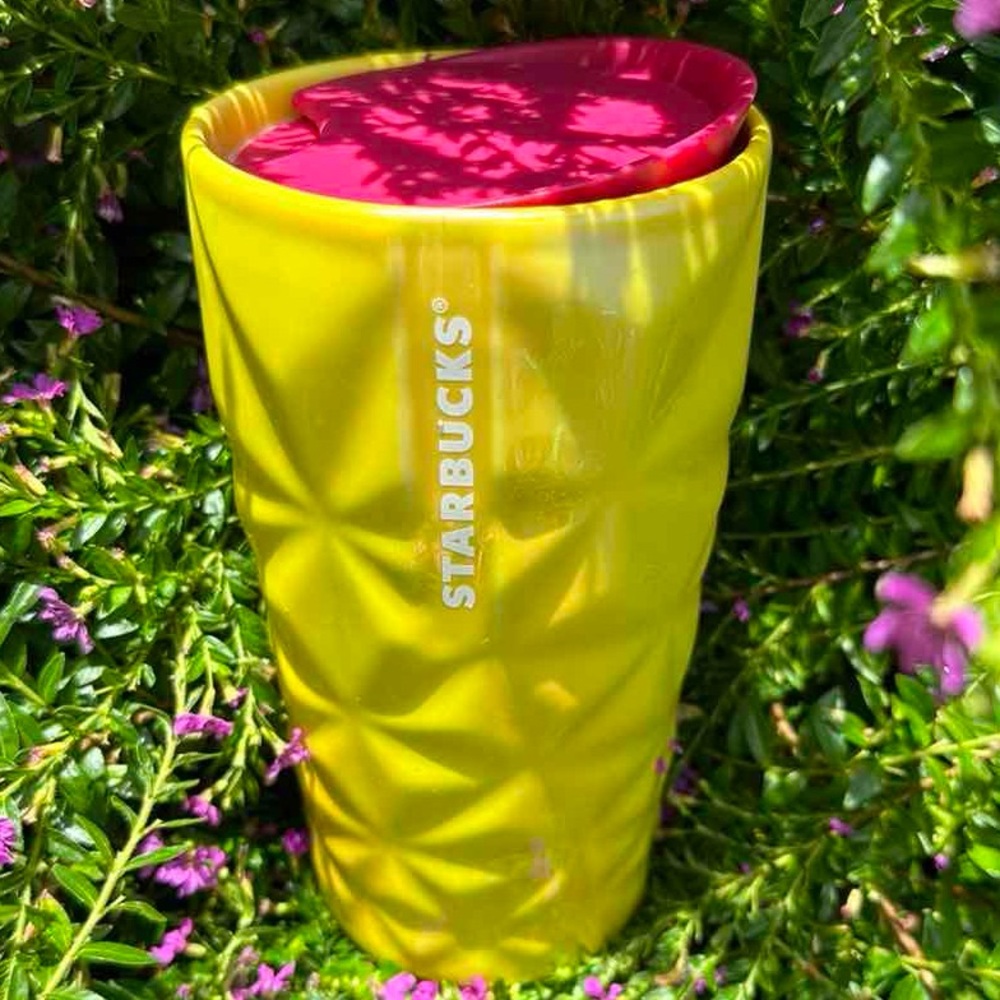 New Starbucks Yellow Prism Luster Ceramic Travel Mug